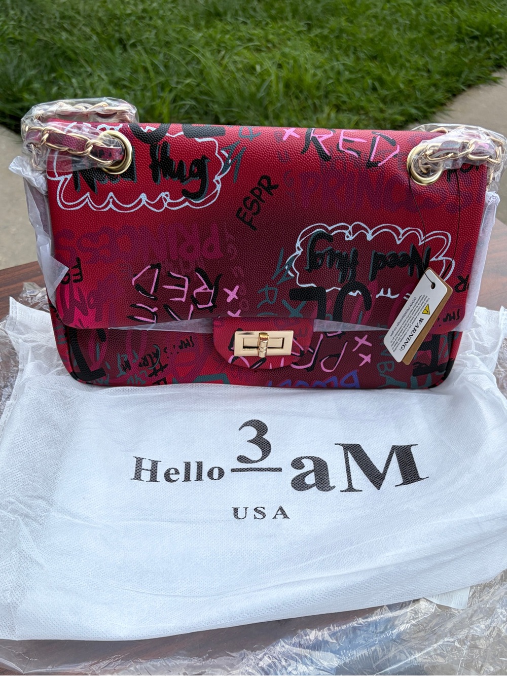 Hello 3AM Burgundy Graffiti Print Chain Crossbody Shoulder Bag NWT